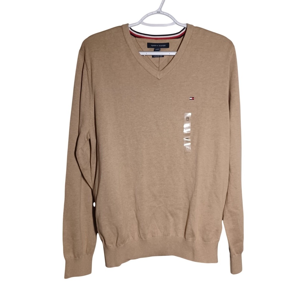 Tommy Hilfiger Mens V-neck L/S Tan Knit Sweater Casual Preppy Minimalist Medium